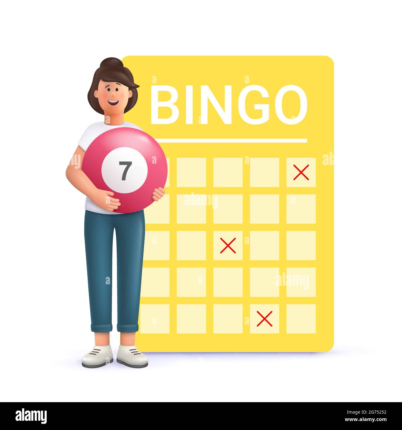 Giovane donna Jane che gioca a bingo. Gioco di denaro della lotteria, biglietto di lotteria fortunata, gioco di bingo e concetto di jackpot casuale. i vettori 3d non hanno carattere Illustrazione Vettoriale