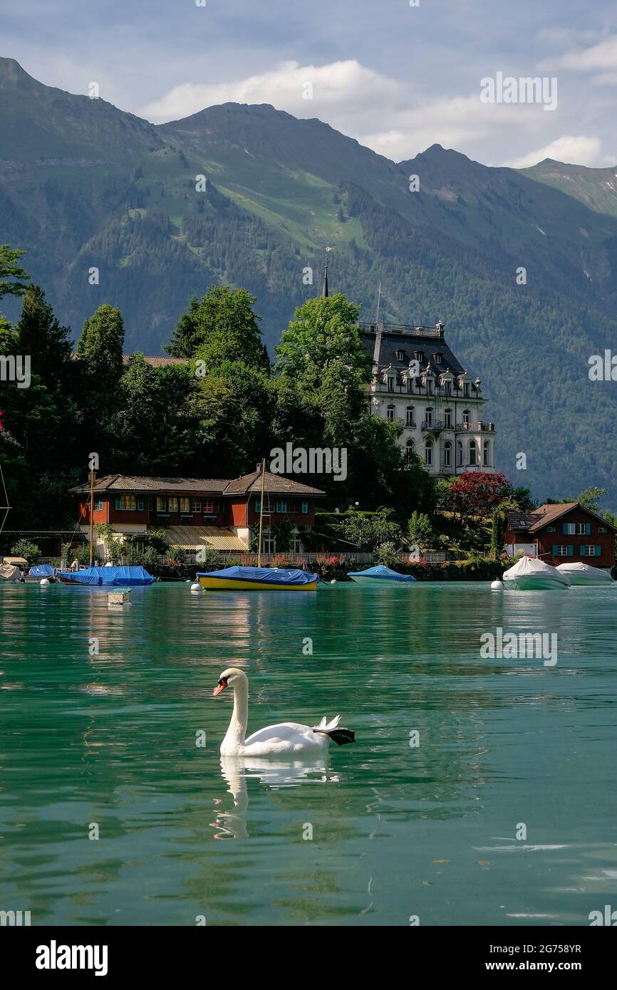 Seeburg - ex Castello sul Lago di Brienz nel villaggio svizzero Iseltwald, Svizzera. In un piccolo villaggio pittoresco nel lago di Brienz - le Alpi svizzere - Foto Stock