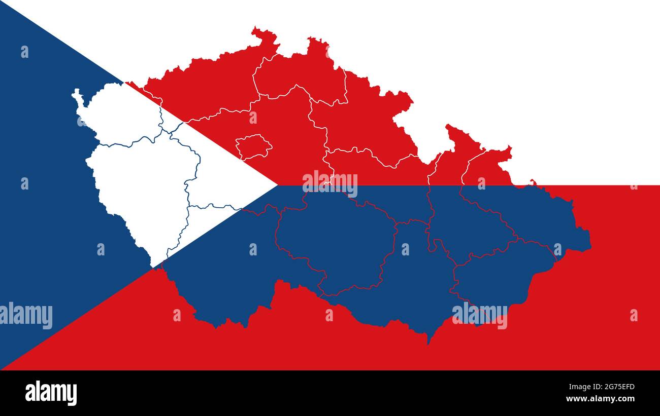 Bandiera nazionale della Repubblica Ceca con cartografia delle regioni amministrative confine interno, illustrazione vettoriale multicolore dettagliata. Illustrazione Vettoriale