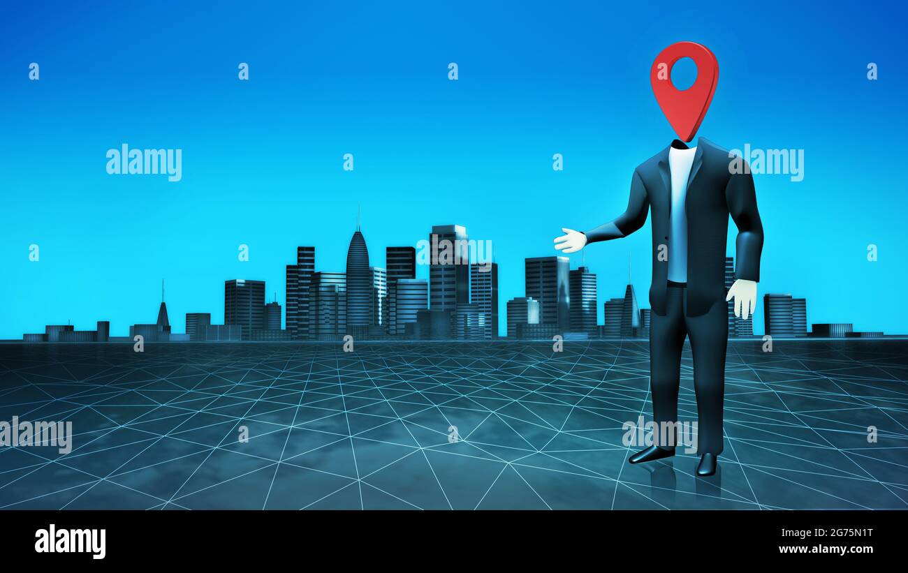 Posizione logo figura umana che indica il luogo della città per trovarla. Un modello di concetto di rendering 3D di destinazione Foto Stock