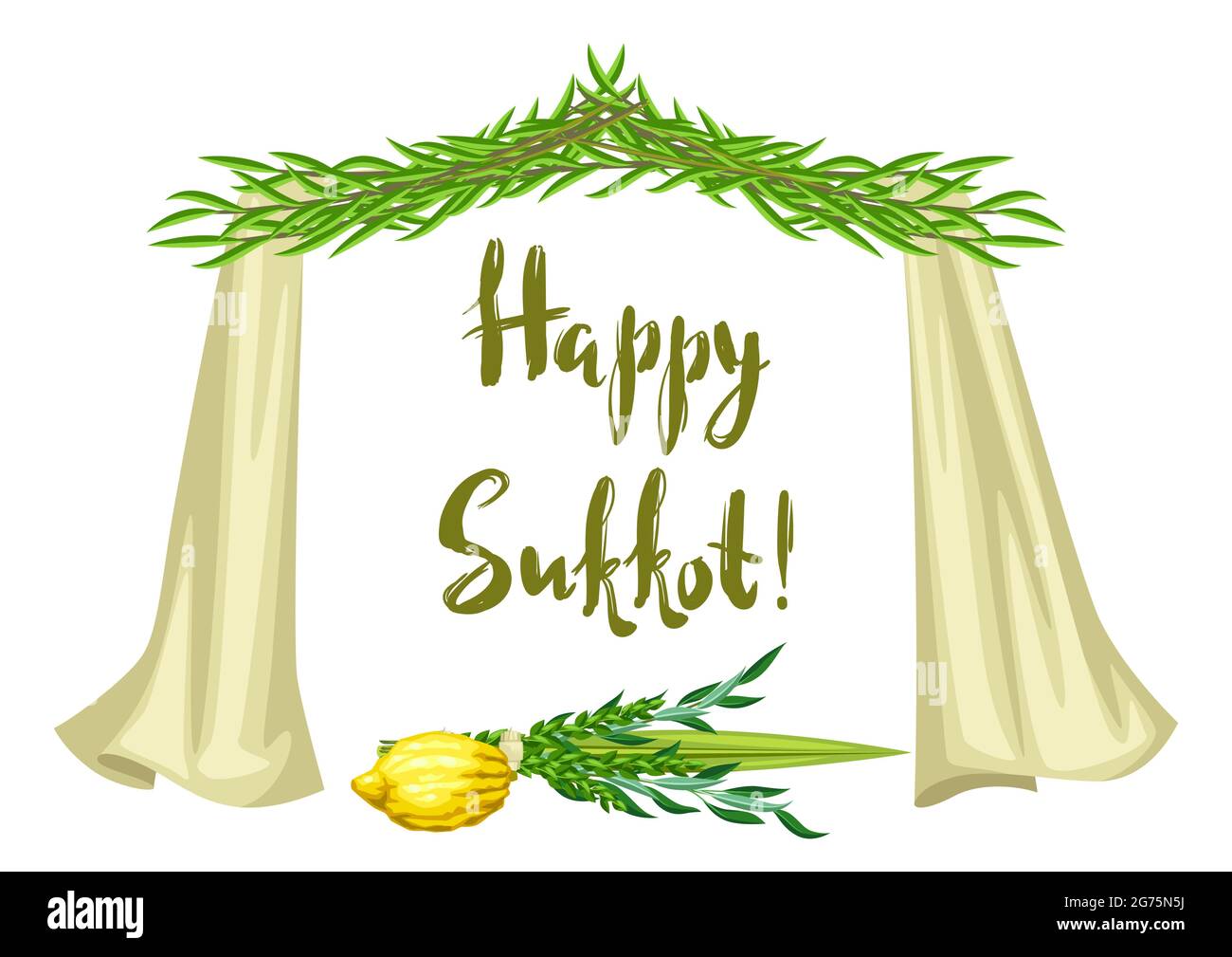 Felice biglietto di auguri Sukkot. Sfondo delle vacanze con i simboli tradizionali del festival ebraico. Illustrazione Vettoriale