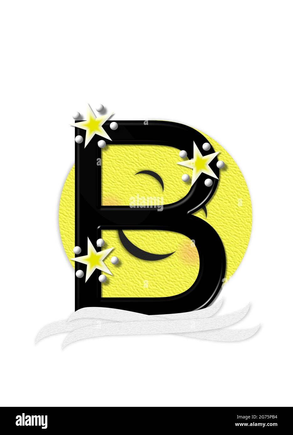La lettera B, nell'insieme alfabetico 'Moon Beam' è in 3D e nera. Stelle e pois di polka decorano la lettera. Un fascio di luna sorridente sbirra intorno alla lettera. Foto Stock