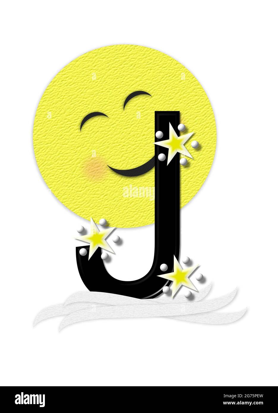 La lettera J, nell'insieme alfabetico 'Moon Beam' è in 3D e nera. Stelle e pois di polka decorano la lettera. Un fascio di luna sorridente sbirra intorno alla lettera. Foto Stock