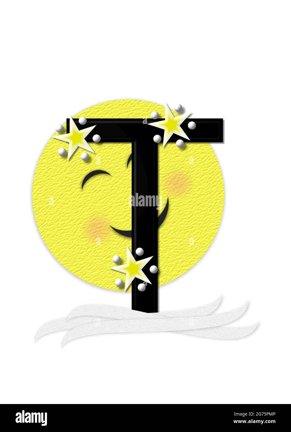 La lettera T, nell'insieme alfabetico 'Moon Beam' è in 3D e nera. Stelle e pois di polka decorano la lettera. Un fascio di luna sorridente sbirra intorno alla lettera. Foto Stock