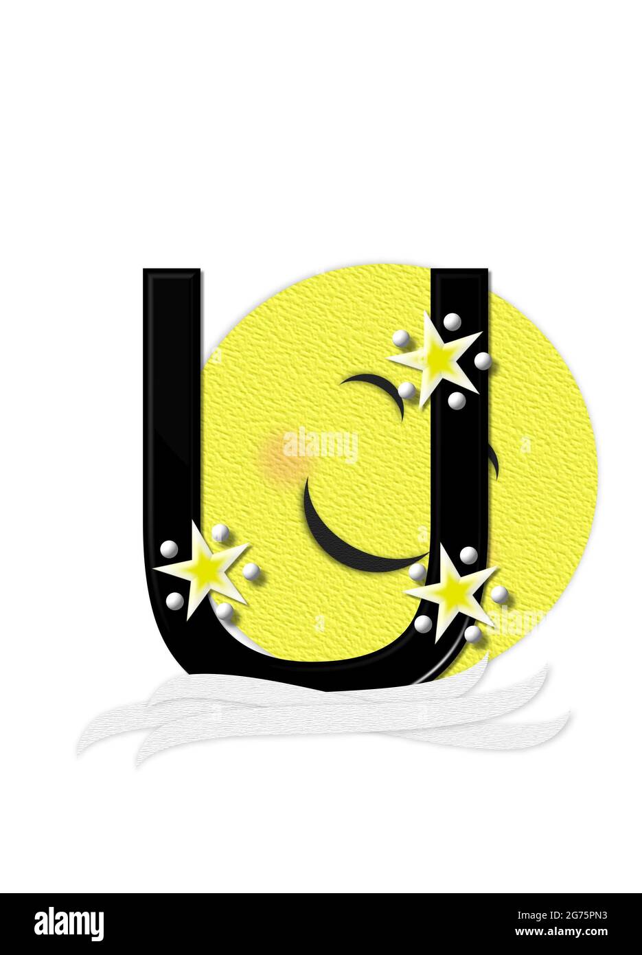 La lettera U, nell'insieme alfabetico "Moon Beam", è in 3D e nera. Stelle e pois di polka decorano la lettera. Un fascio di luna sorridente sbirra intorno alla lettera. Foto Stock