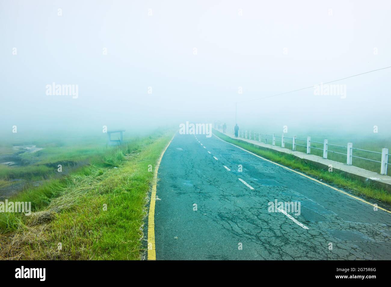 Una bella strada attraverso la nebbia Foto Stock