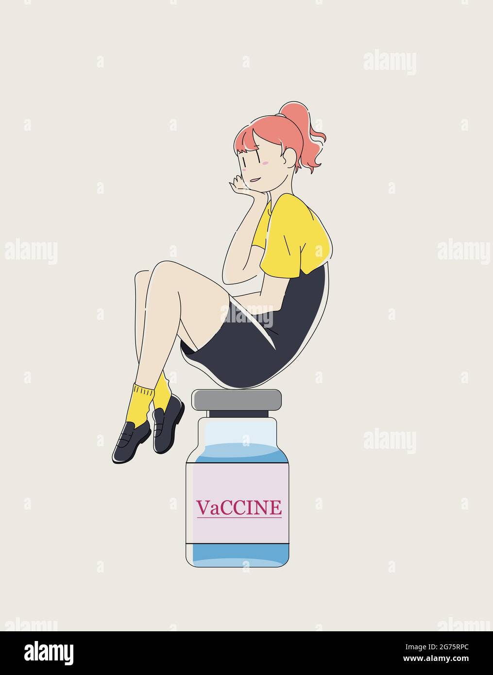 Illustrazione vettoriale Doodle. La ragazza che è stata vaccinata. Concetto di vaccinazione. Disegno a mano di una ragazza in stile cartoon. Design per grafica, banner, st Illustrazione Vettoriale