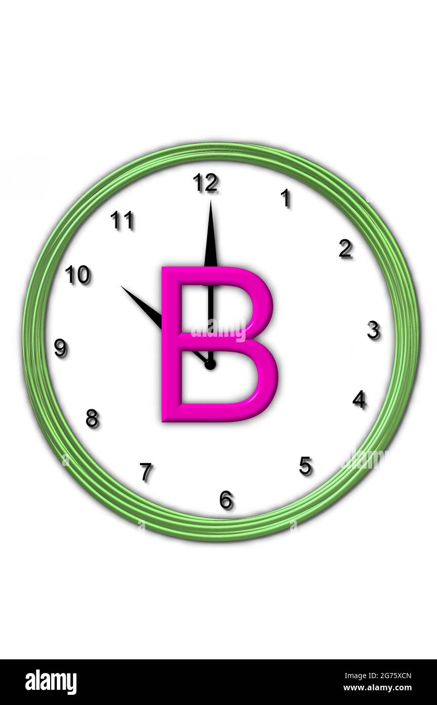 La lettera B, nell'insieme dell'alfabeto senza tempo, è seduta nel mezzo di  un orologio a muro. La cornice per l'orologio è verde e la lettera è rosa  caldo Foto stock - Alamy