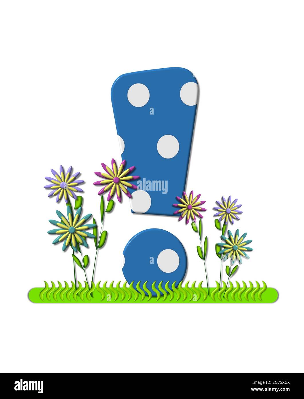 Il punto esclamativo, nell'insieme di alfabeti 'Prato di fiori selvatici', è blu con punti di polka bianchi. La base di Letter è decorata con erba ondulata e fiori 3D. Foto Stock