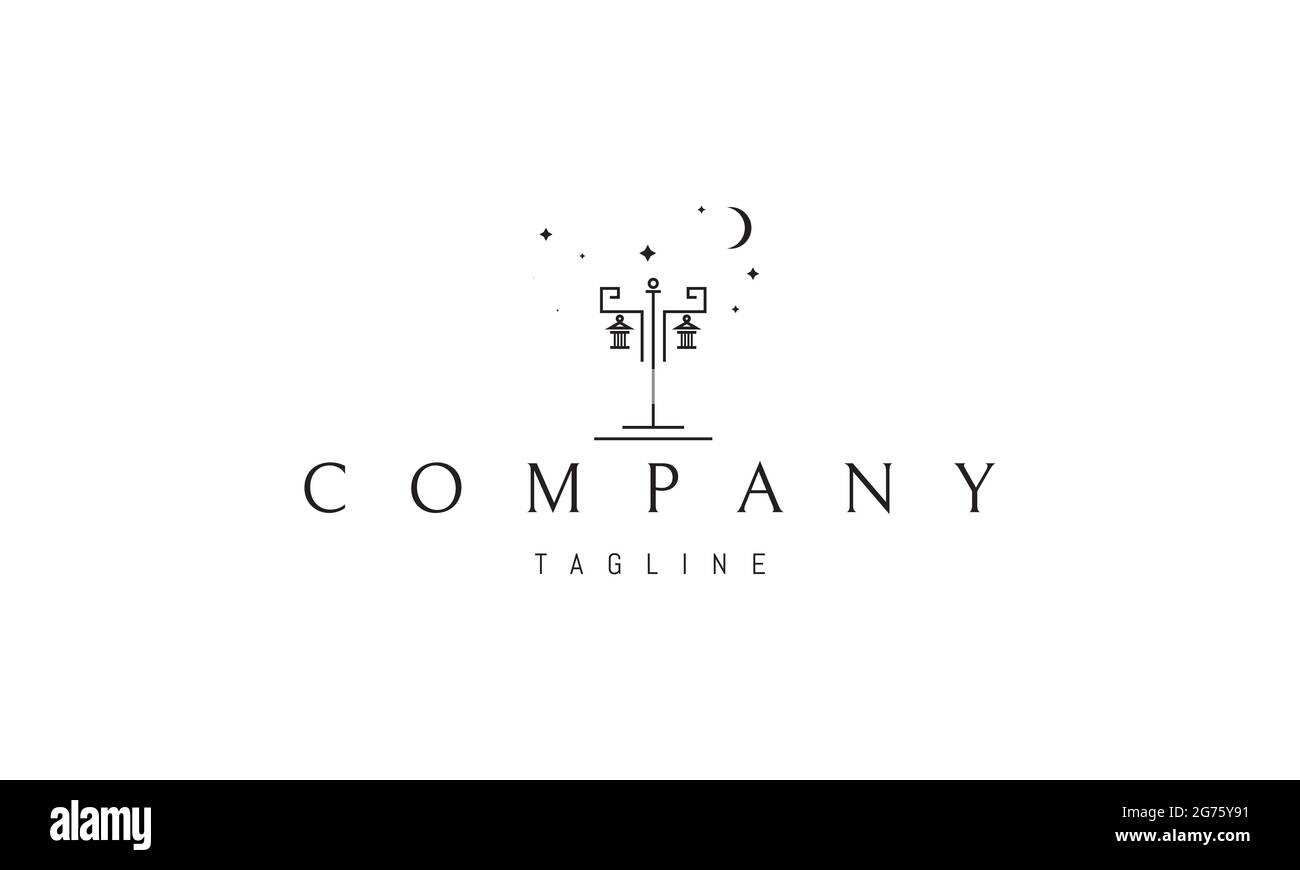 Logo vettoriale su cui un'immagine astratta di un vecchio lampione su uno sfondo del cielo notturno. Illustrazione Vettoriale