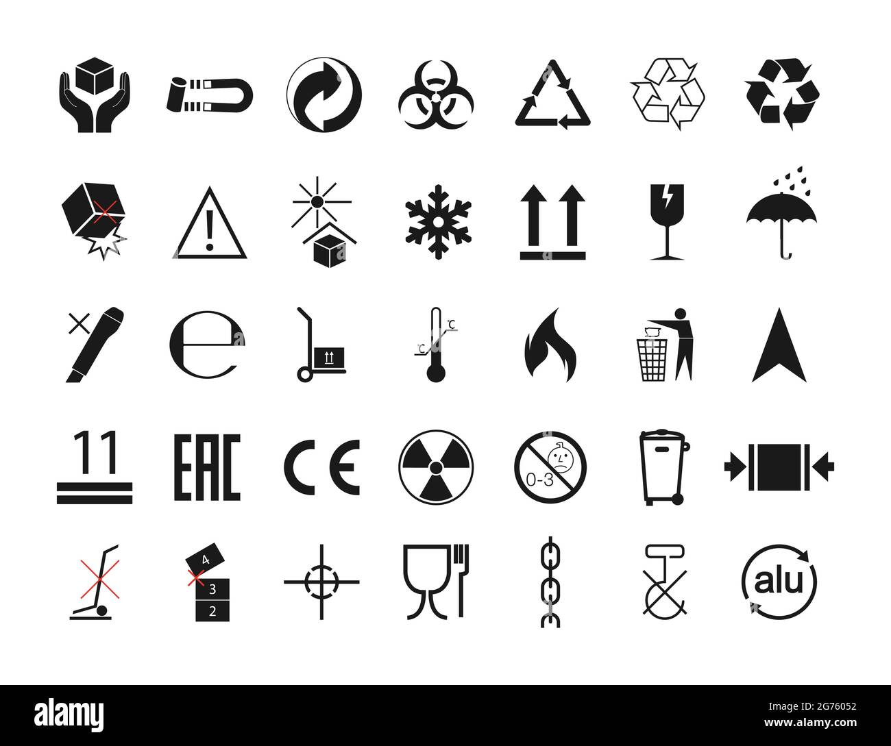 Set di simboli di imballaggio design piatto. Illustrazione Vettoriale