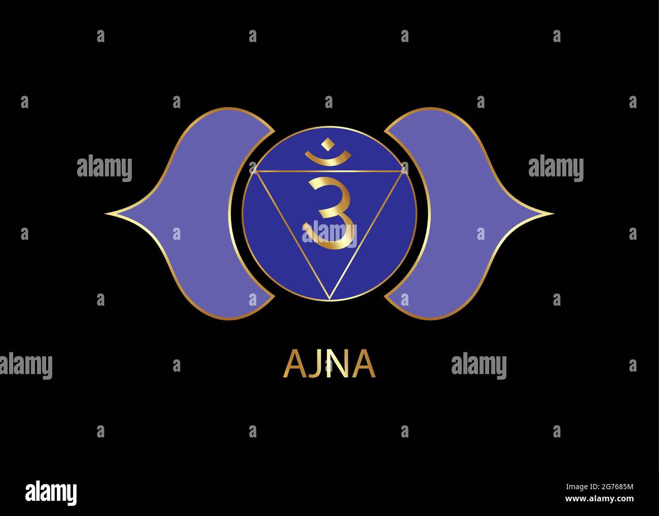 Terzo occhio chakra Ajna modello logo. Il sesto chakra frontale, la meditazione sacrale del segno d'oro, lo yoga blu e viola mandala vettore icona rotondo isolato su Illustrazione Vettoriale