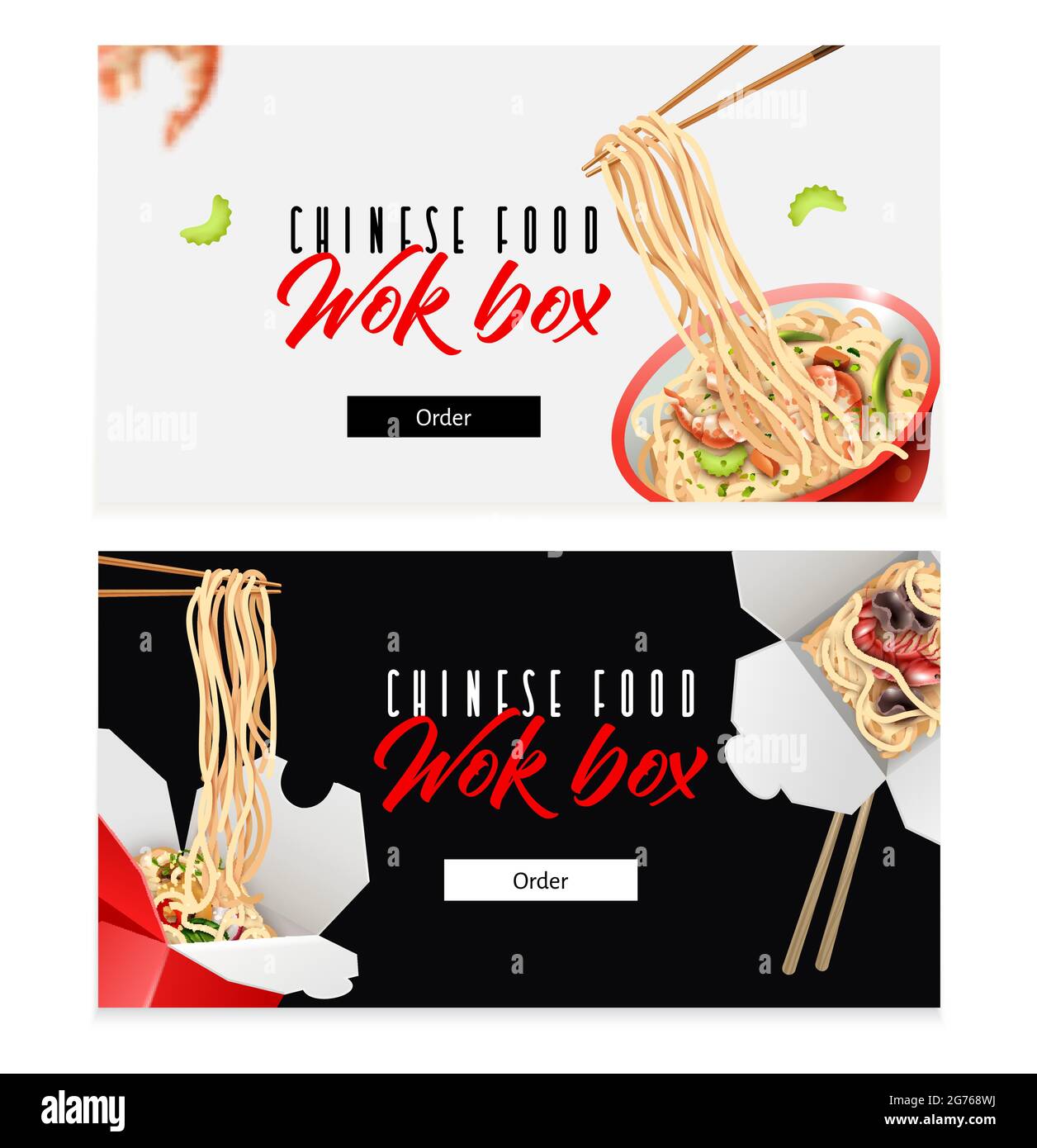 Cinese tagliatelle asian wok box food 2 realistico orizzontale bianco nero  sfondo pubblicità web banner illustrazione Immagine e Vettoriale - Alamy