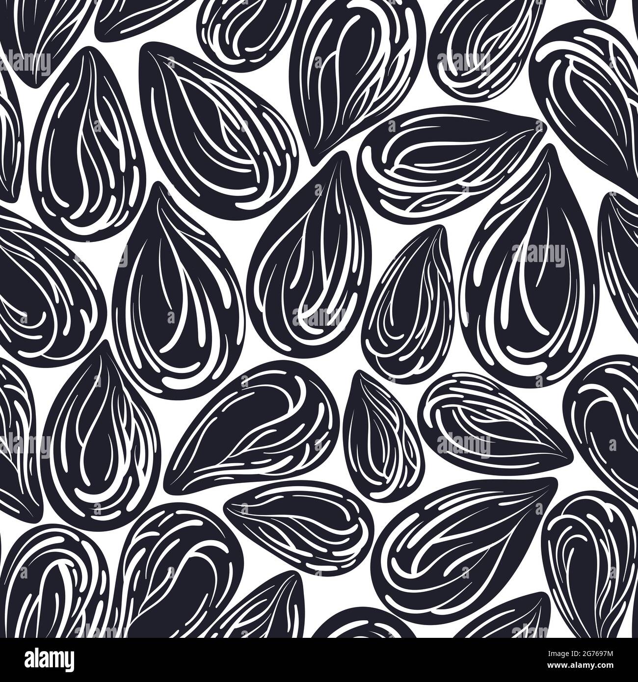 Modello senza giunture vettoriale. Cozze di mare, semi neri, grana astratta. Schizzo disegnato a mano, illustrazione nera su sfondo bianco. Stampa grafica cereali. Mari Illustrazione Vettoriale