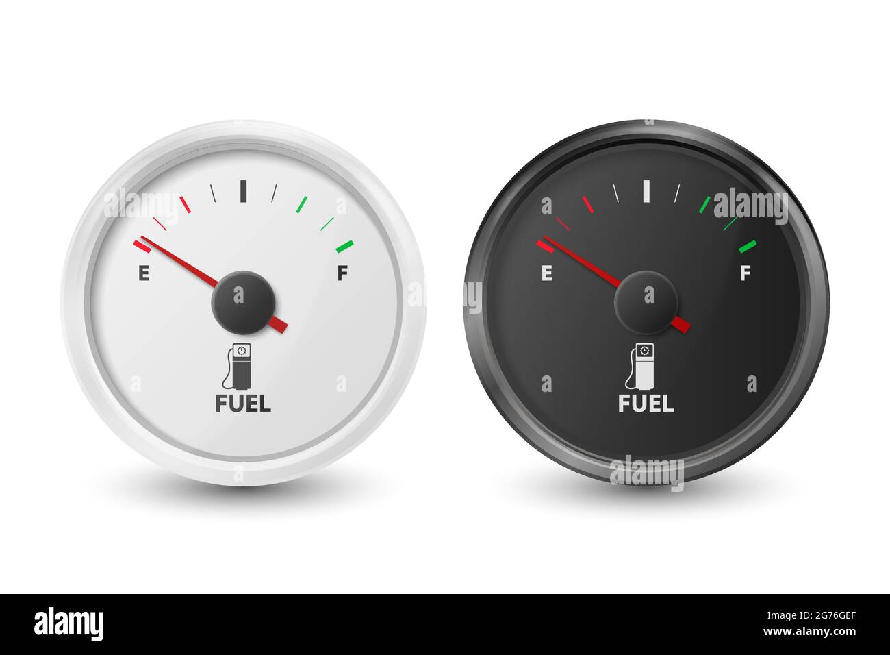 Vector 3d indicatore del serbatoio del gas circolare bianco e nero realistico, icona della barra del livello dell'olio isolata su sfondo bianco. Dettagli cruscotto auto. Carburante Illustrazione Vettoriale