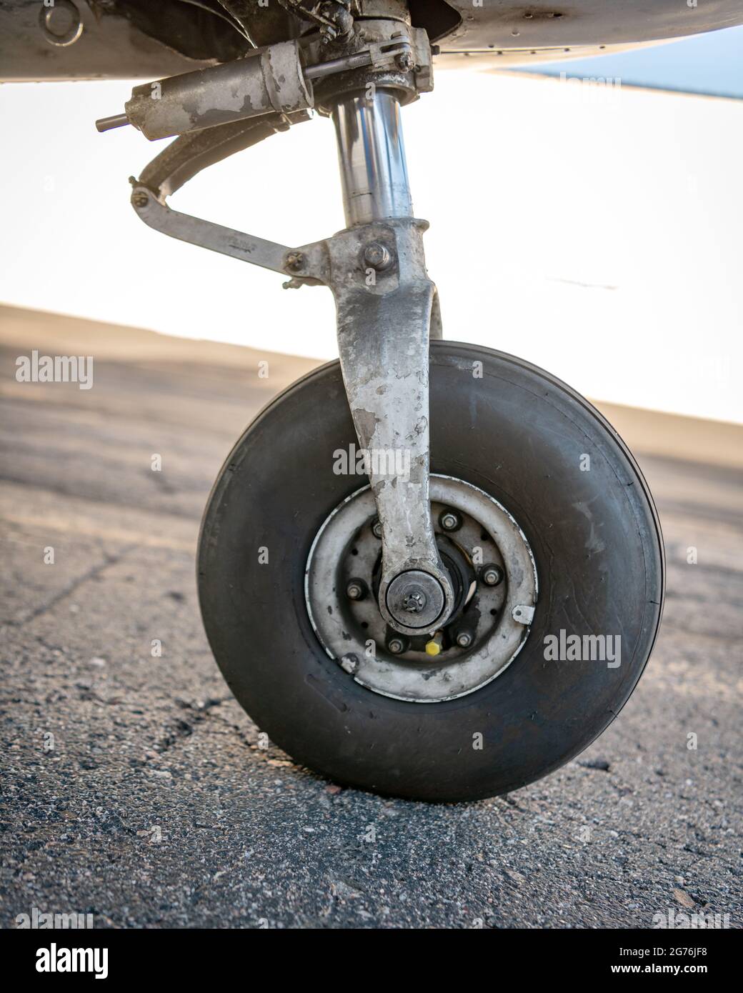 Ruota anteriore di un piccolo aereo privato a terra Foto Stock