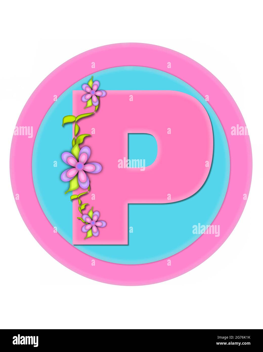 La lettera P, nell'alfabeto 'Bouquet in pastelli', è rosa tenue. La lettera  è decorata con fiori e si siede su cerchi in acqua e rosa Foto stock - Alamy