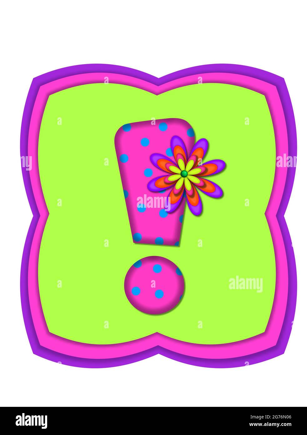 Il punto esclamativo, nell'insieme dell'alfabeto "Daisy Daze", è colorato in rosa vivo con punti di polka teal. E' decorata con quattro margherite a strati. Tutti i Foto Stock