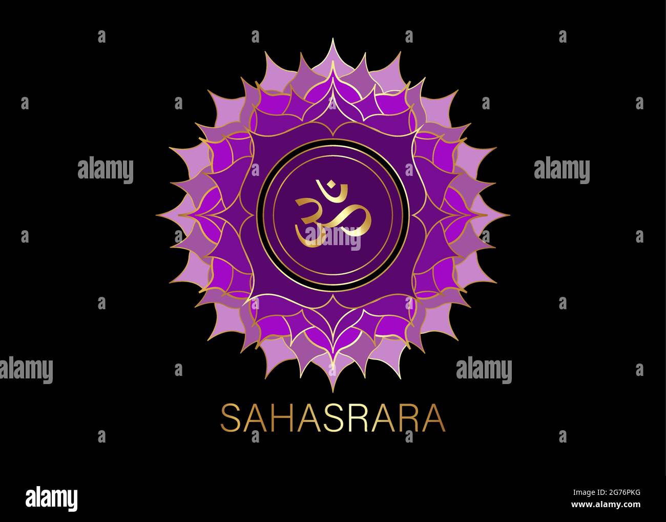 Settimo chakra Sahasrara modello di logo. Simbolo chakra della corona, meditazione sacrale viola dorato del segno, icona mandala rotonda di yoga. Simbolo d'oro Om nel cent Illustrazione Vettoriale