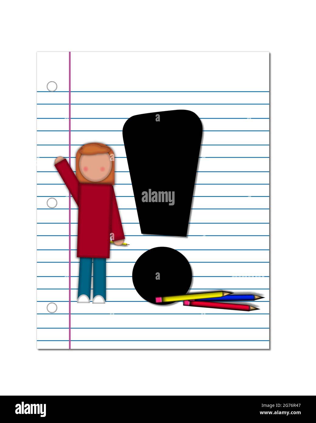 Il punto esclamativo, nell'insieme alfabetico "Start of School Two", è nero. Il punto esclamativo è posizionato su un foglio di carta vuoto e si tratta di una decorazione Foto Stock