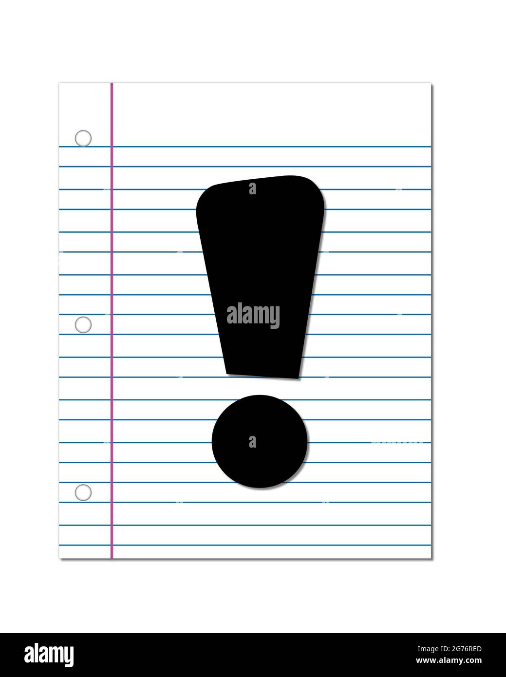 Il punto esclamativo, nell'insieme alfabetico "Start of School", è nero. Il punto esclamativo è impostato su un foglio di carta vuoto per notebook. Questo set cordi Foto Stock