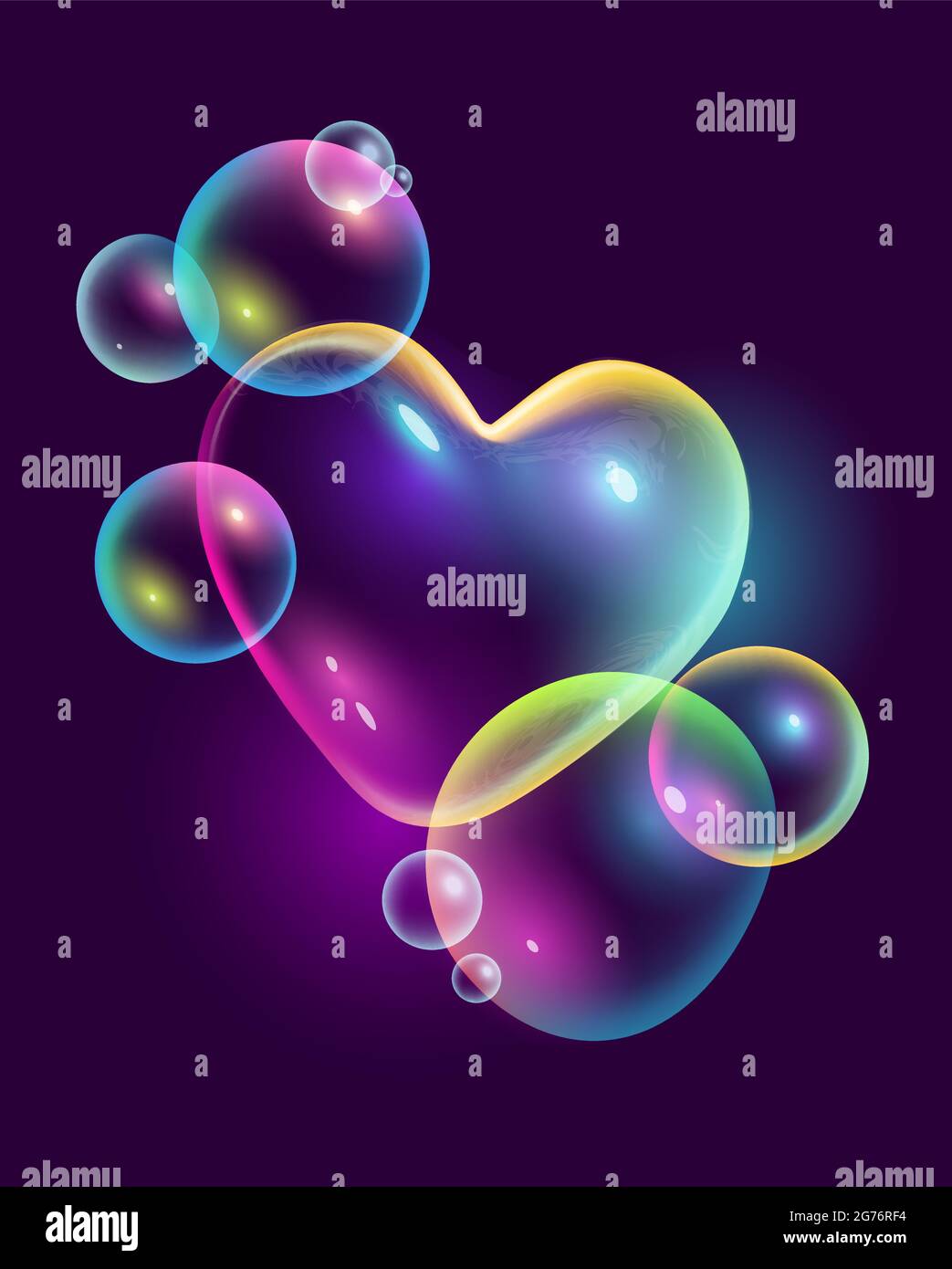 Colorate bolle astratte dell'arcobaleno con un cuore d'amore realistico illustrazione vettoriale. Illustrazione Vettoriale