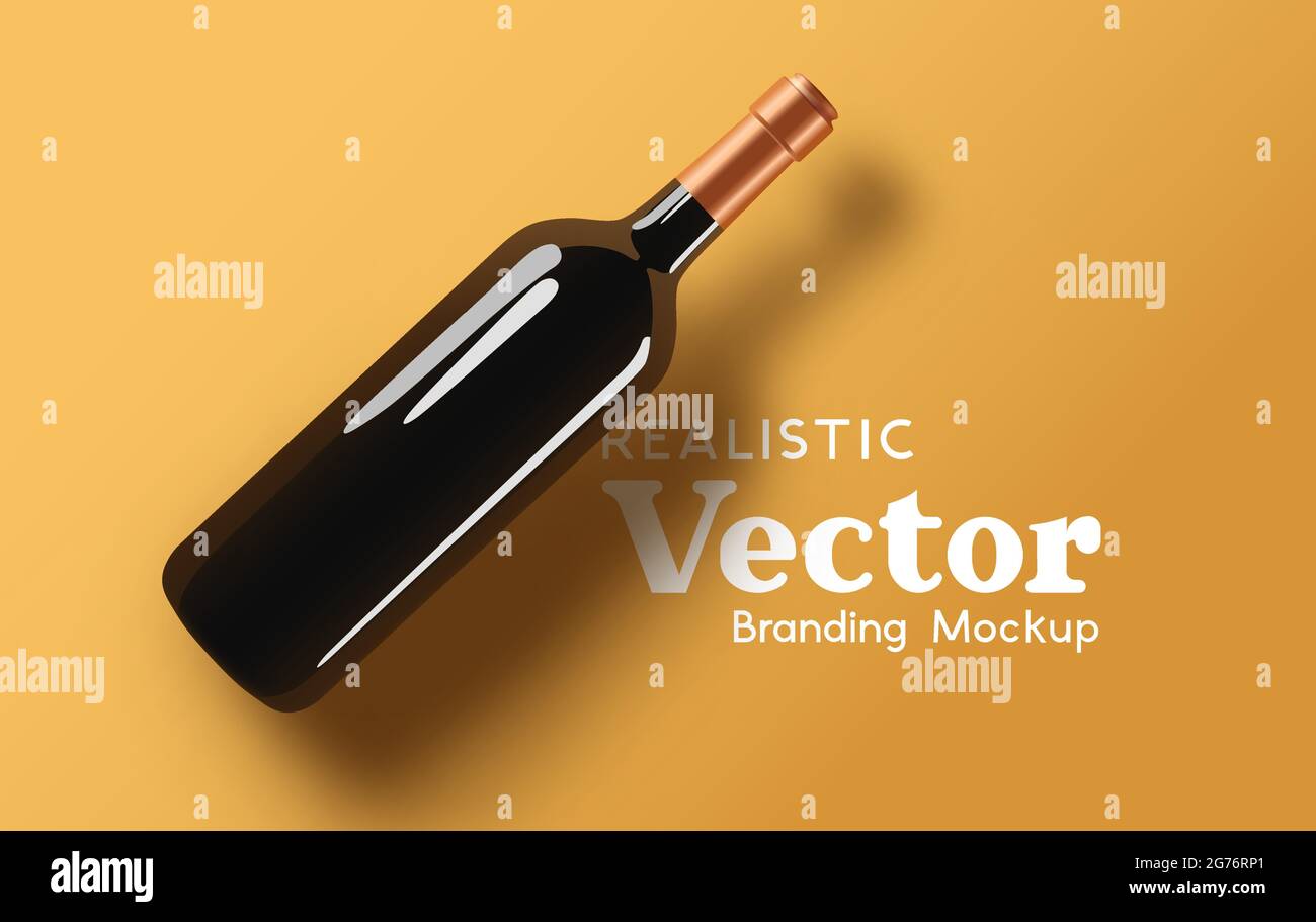 Una bottiglia di vino in vetro realistico - mock up di marca. Illustrazione vettoriale del modello di bevande per il marketing contemporaneo Illustrazione Vettoriale