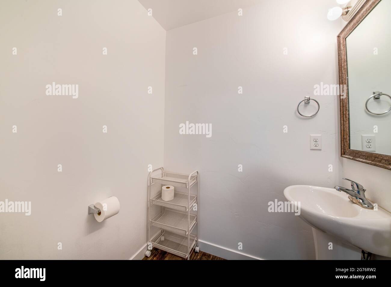 Rack montato su ruote all'interno di un bagno con carta igienica Foto Stock