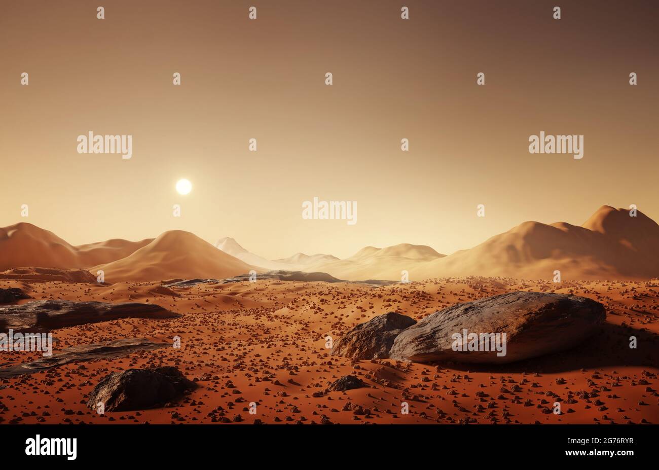 Il paesaggio marziano, rocce sparse e montagne lontane sulla superficie di Marte. Illustrazione 3D. Foto Stock