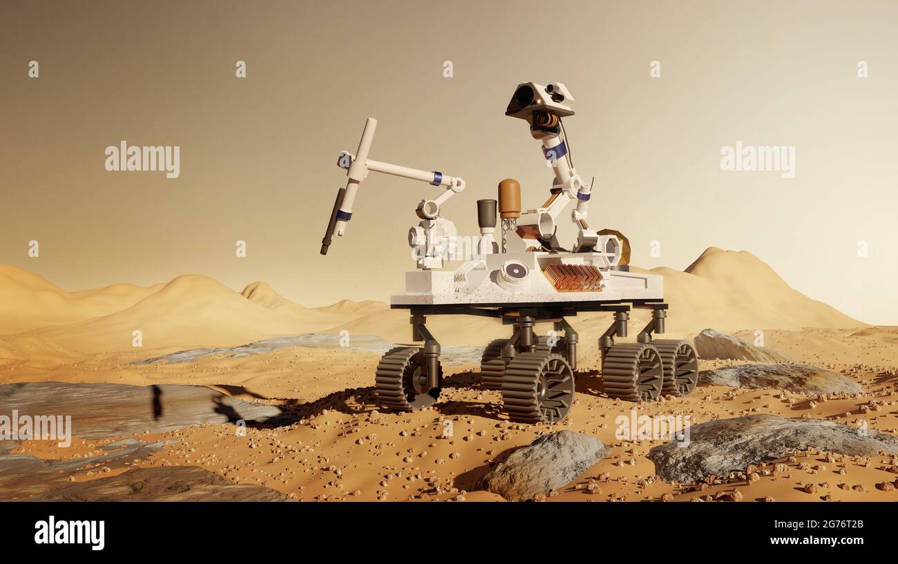 Una missione robotica rover su Marte, esplorando ed eseguendo esperimenti scientifici sulla superficie marziana. Illustrazione 3D. Foto Stock