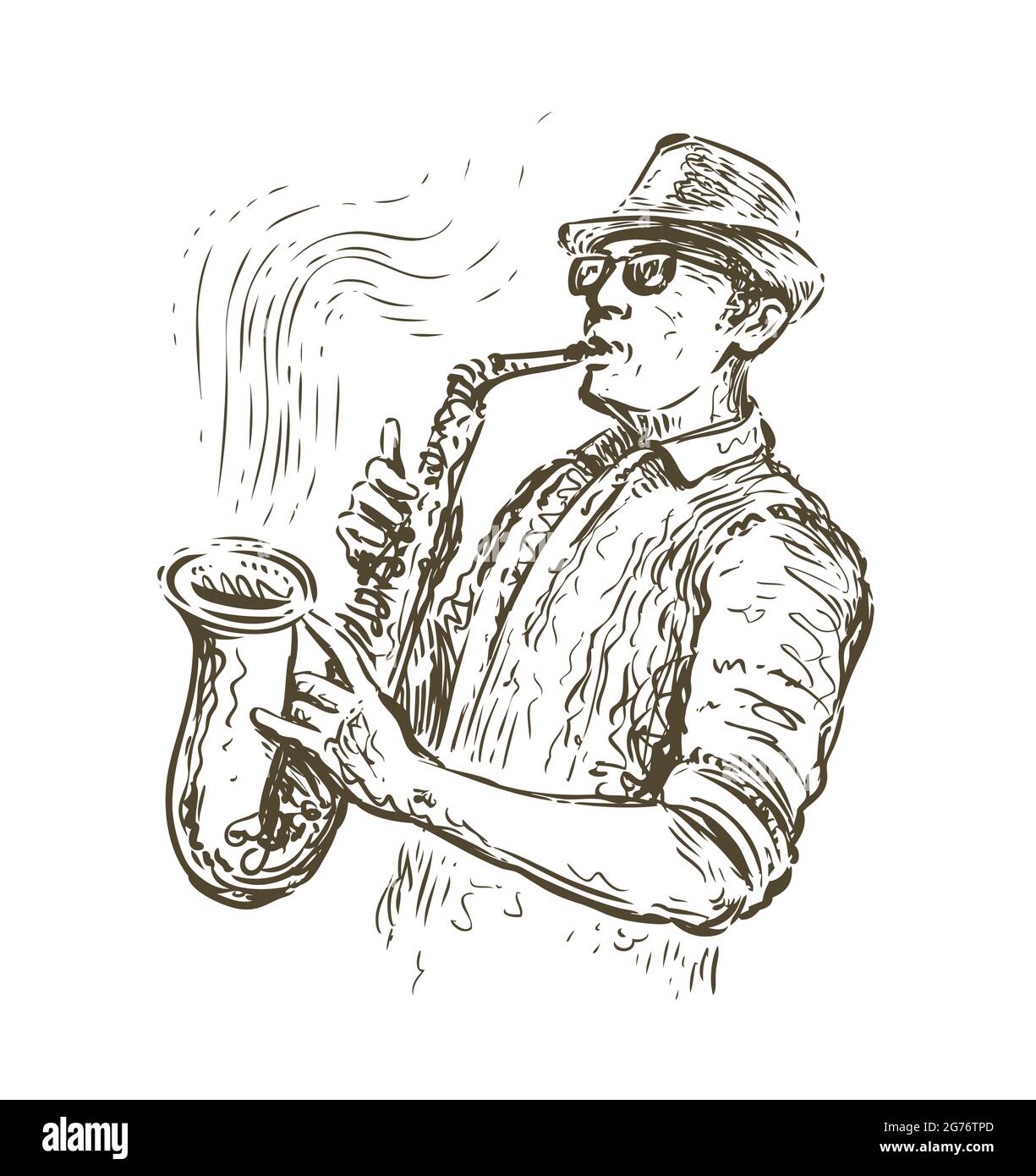 Sassofono jazz sketch giocatore. Concetto musicale in stile vintage Illustrazione Vettoriale