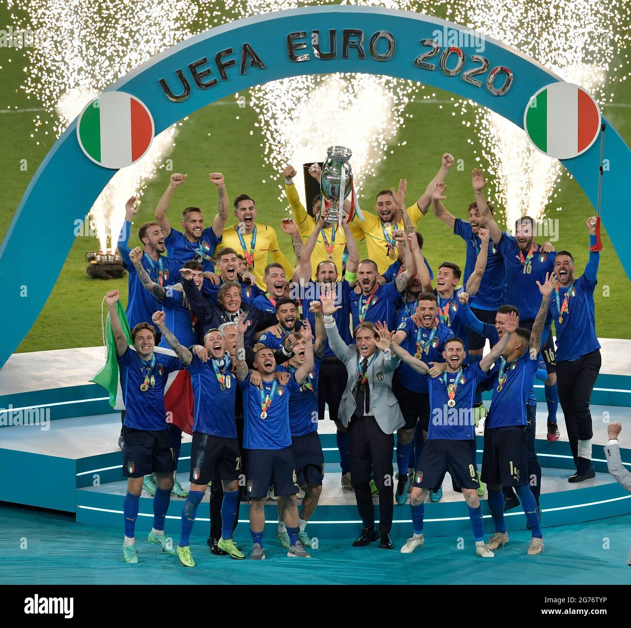 Londra, Regno Unito. 12 luglio 2021. I giocatori italiani festeggiano per la vittoria della partita di calcio finale UEFA Euro 2020 tra Italia e Inghilterra allo stadio di Wembley a Londra (Inghilterra), 11 luglio 2021. Photo Andrea Staccioli/Insifefoto Credit: Insifefoto srl/Alamy Live News Foto Stock