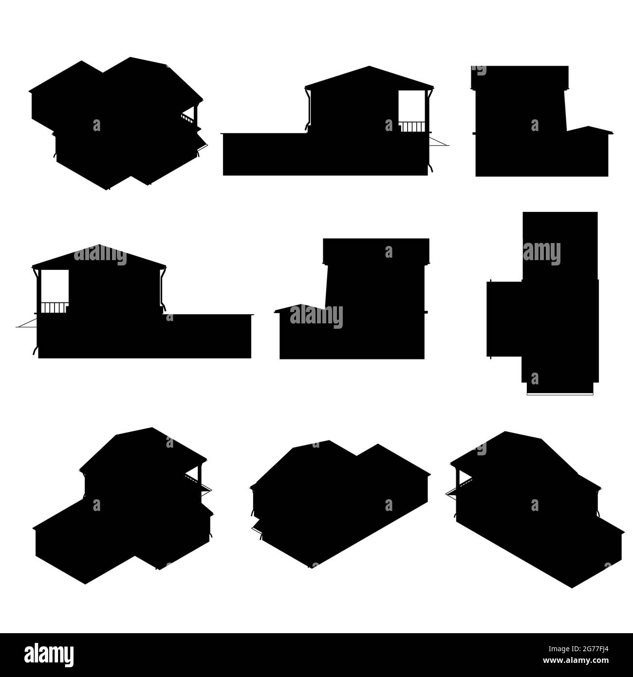 Set con silhouette di una casa privata in diverse posizioni isolate su uno sfondo bianco. Illustrazione vettoriale. Illustrazione Vettoriale