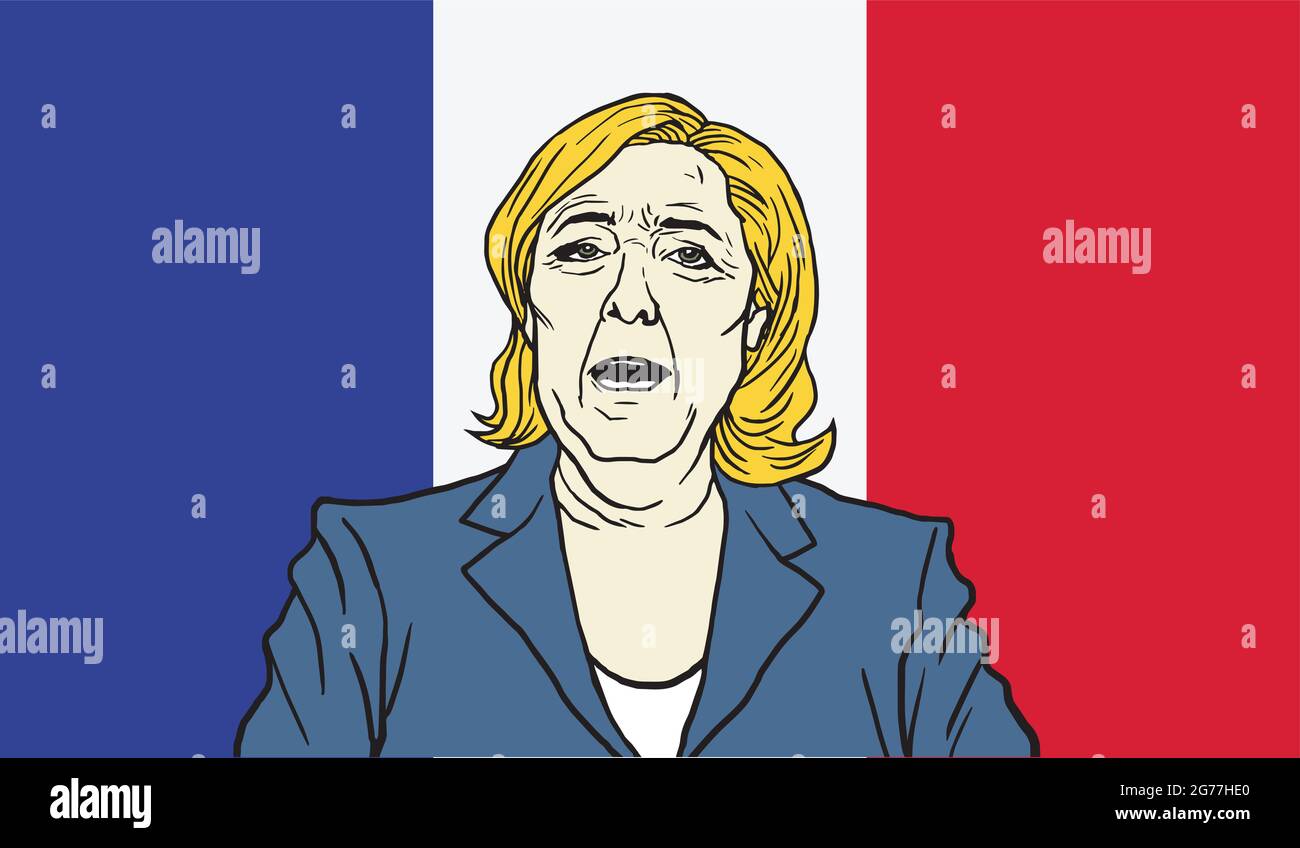 Marine le Pen Cartoon su France Flag background. Illustrazione vettoriale Illustrazione Vettoriale