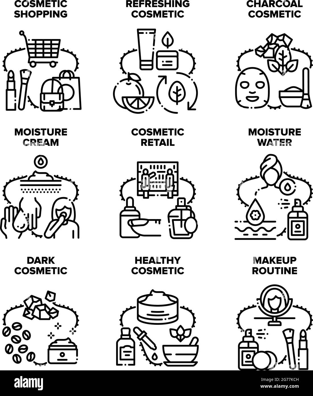 Icone cosmetiche del set per la vendita al dettaglio Illustrazione Vector Black Illustrazione Vettoriale