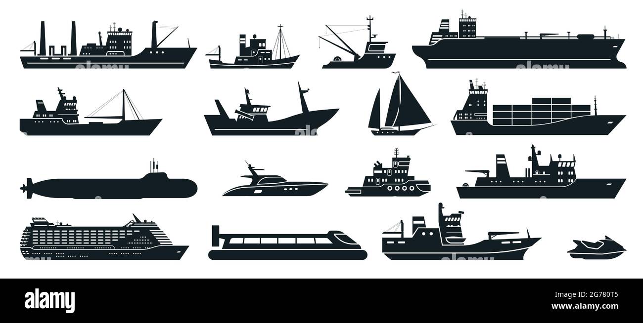 Silhouette della nave. Nave da carico con container, nave da crociera turistica, nave da pesca commerciale, yacht. Set vettoriale per il trasporto dell'acqua. Liner per viaggi, barche fisher, scooter d'acqua Illustrazione Vettoriale