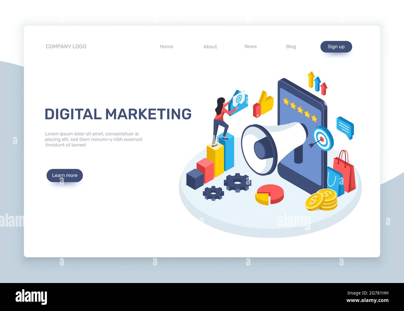 Marketing digitale isometrico. Concetto di pubblicità sui social media con altoparlante, smartphone, grafici. Landing page vettoriale strategie di marketing online. Strategia dei contenuti e sito Web di gestione Illustrazione Vettoriale