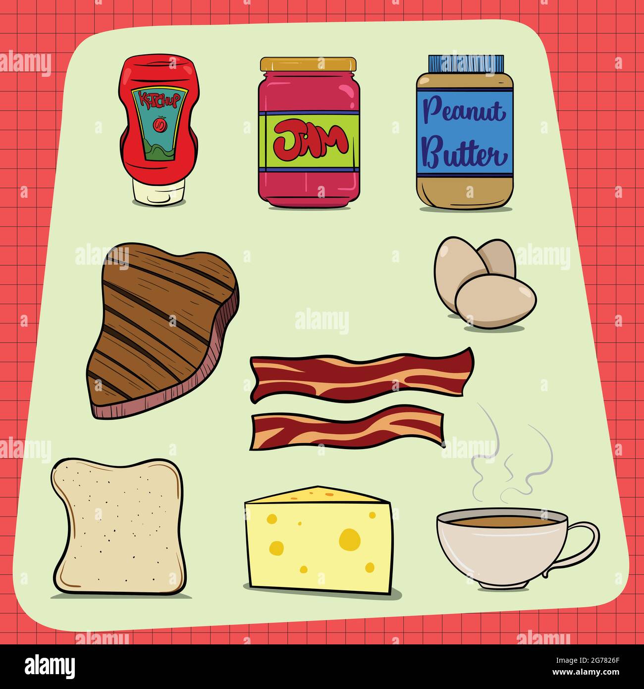 Grande insieme di prodotti alimentari comuni trovati in ogni casa. Ketchup Jam burro di arachidi uova di bistecca pane pancetta caffè di formaggio. Sfondo rosso con schema di controllo. Illustrazione Vettoriale
