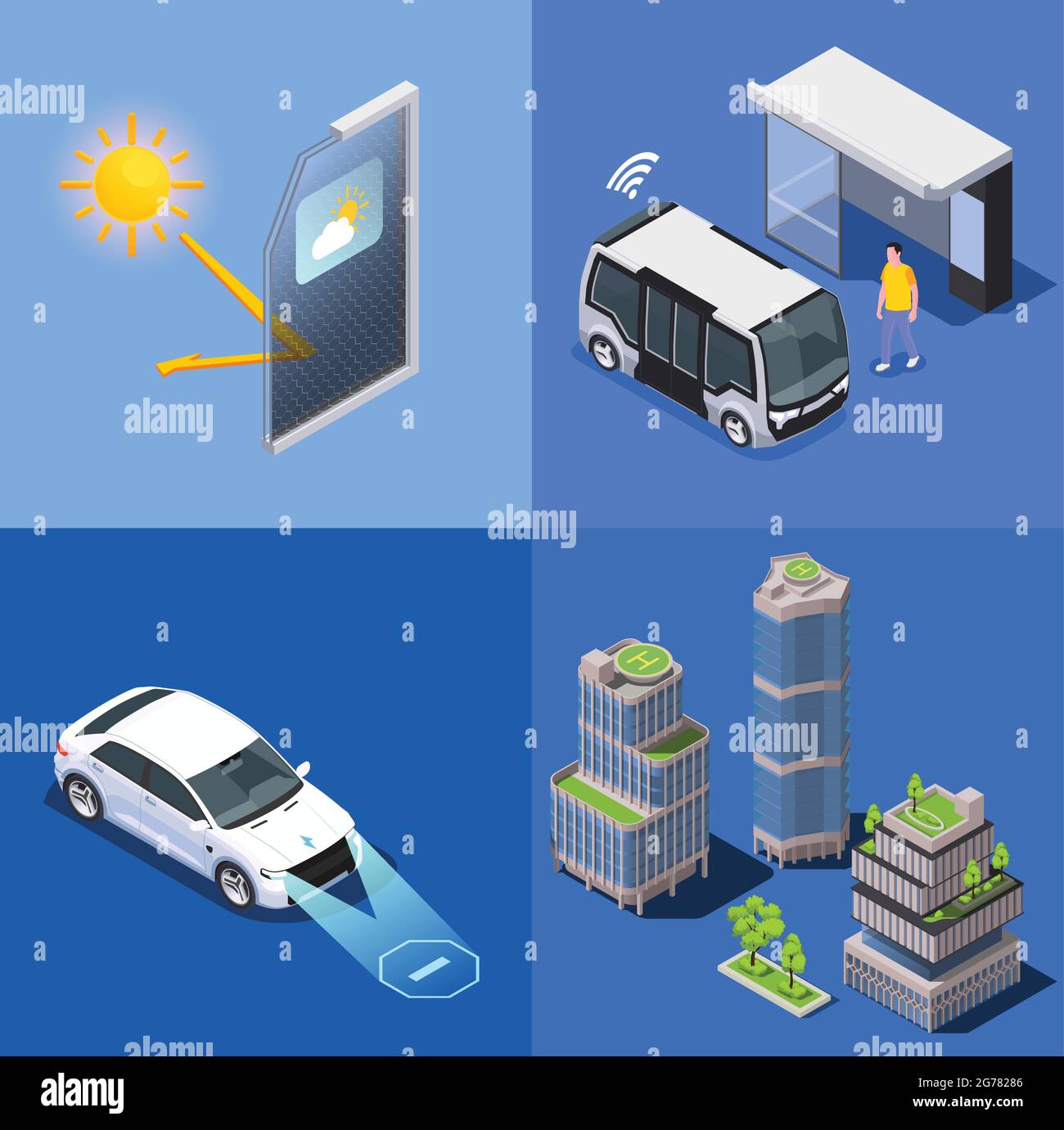 Smart City Technologies concetto di progettazione isometrica con immagini di bus remoto e edifici con illustrazione vettoriale elipad Illustrazione Vettoriale
