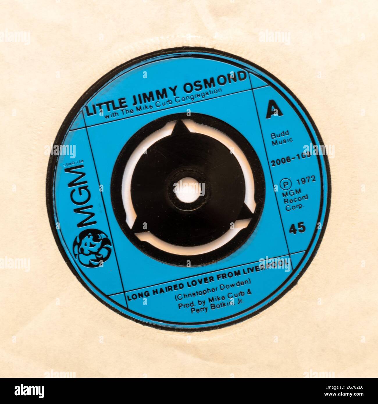 Lover dai capelli lunghi di Liverpool di Little Jimmy Osmond, una foto d'archivio del disco da 7' in vinile singolo a 45 giri/min in copertina Foto Stock