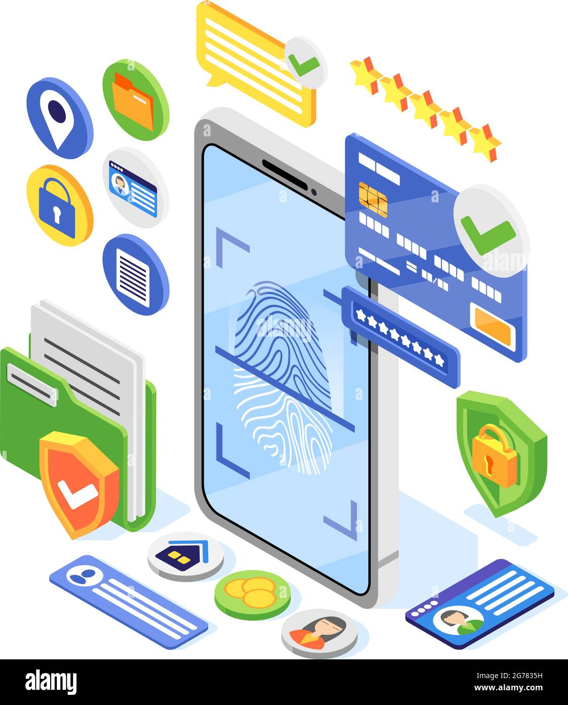 Protezione dei dati personali gdpr composizione isometrica con immagine di smartphone con impronte digitali e pittogrammi della carta di credito illustrazione vettoriale Illustrazione Vettoriale