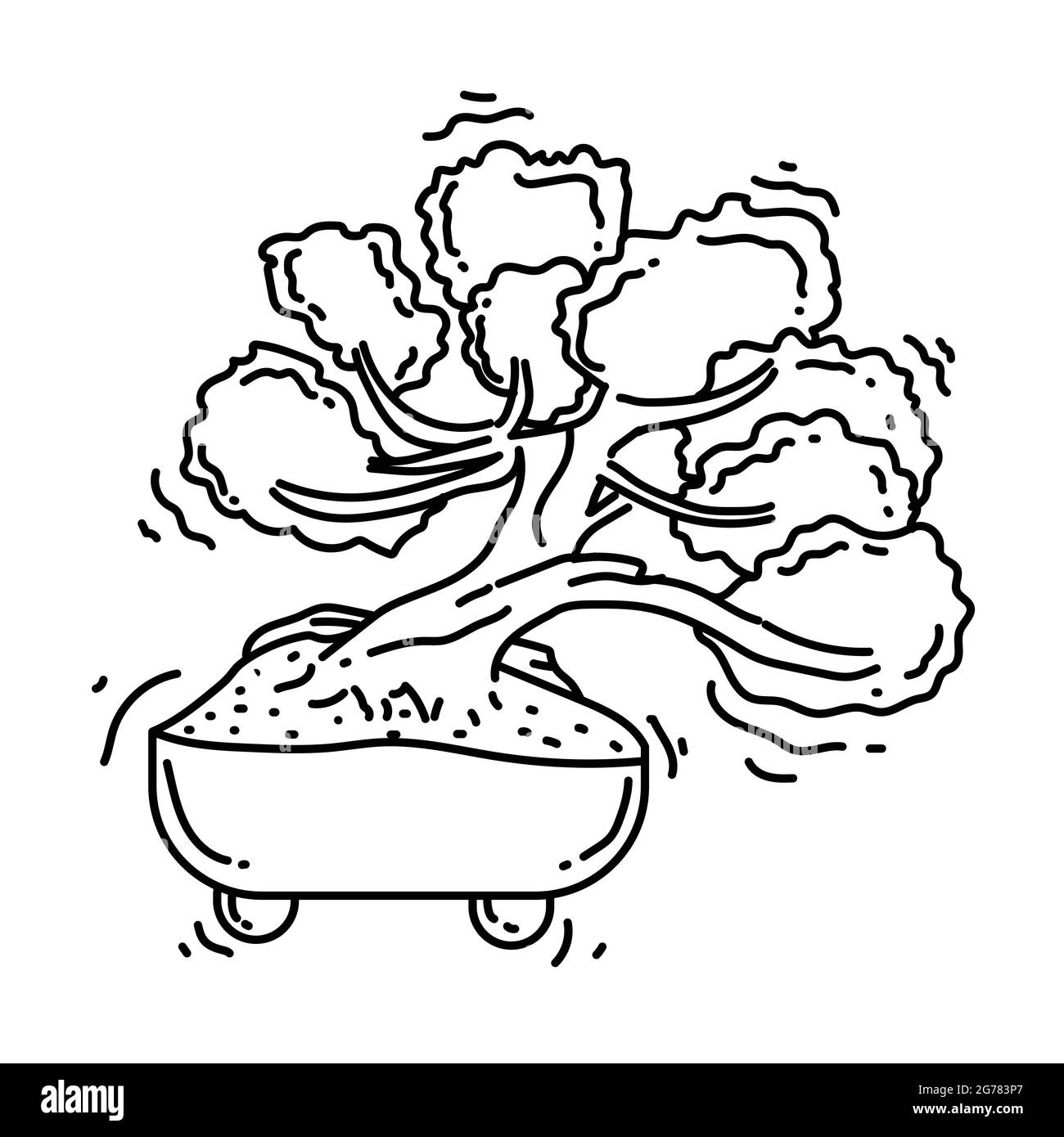 Icona bonsai da giardinaggio. Set di icone disegnate a mano, nero contorno, icona doodle, disegno di icone vettoriali. Illustrazione Vettoriale