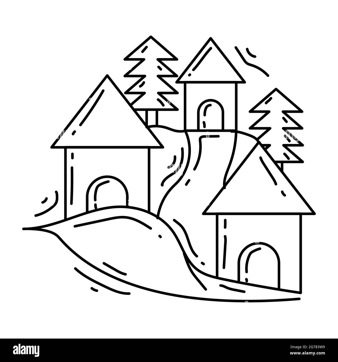 Icona del villaggio di giardinaggio. Icona disegnata a mano, nero di contorno, icona del doodle, disegno dell'icona del vettore. Illustrazione Vettoriale