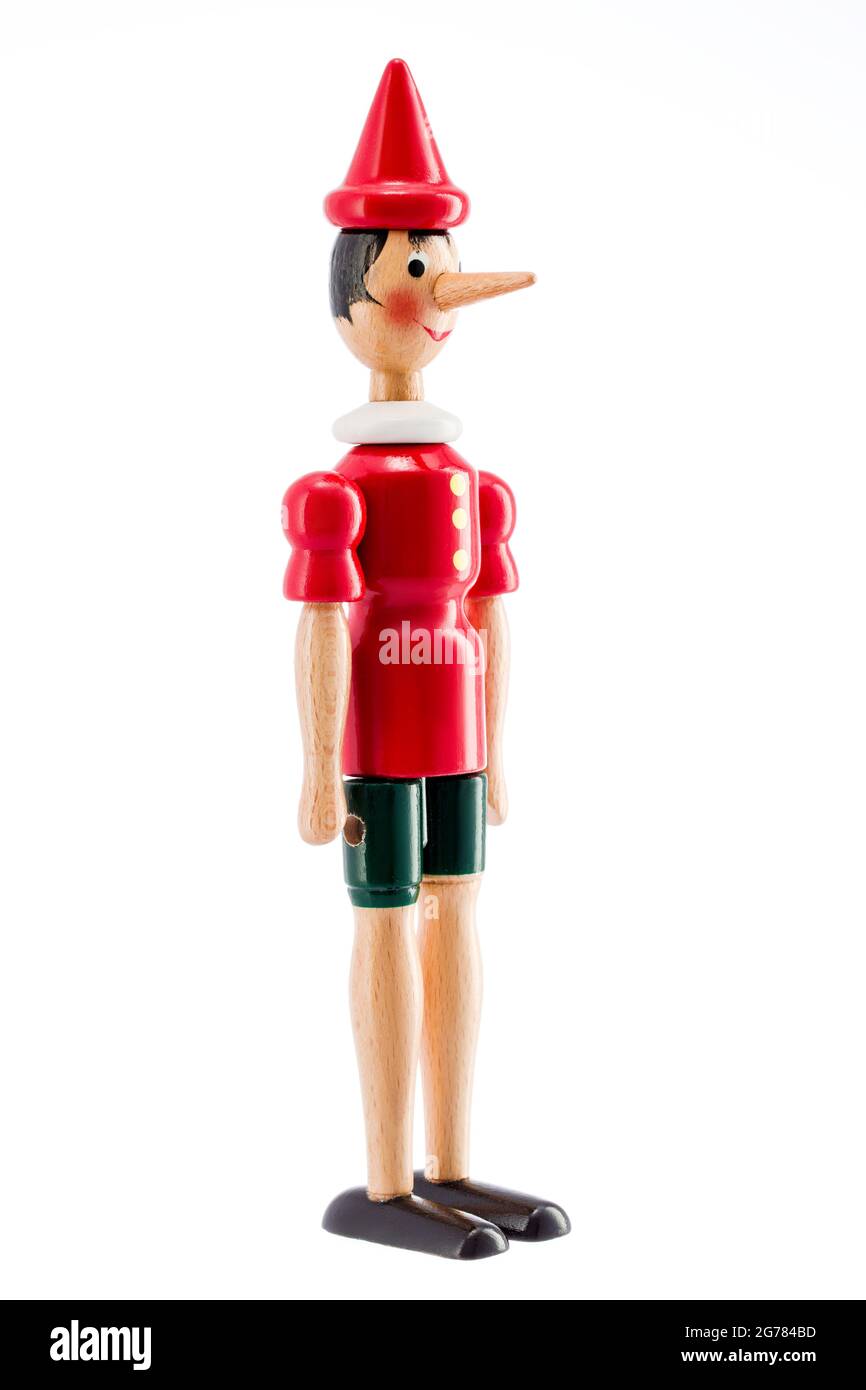 Pinocchio Toy statua isolata su sfondo bianco Foto Stock