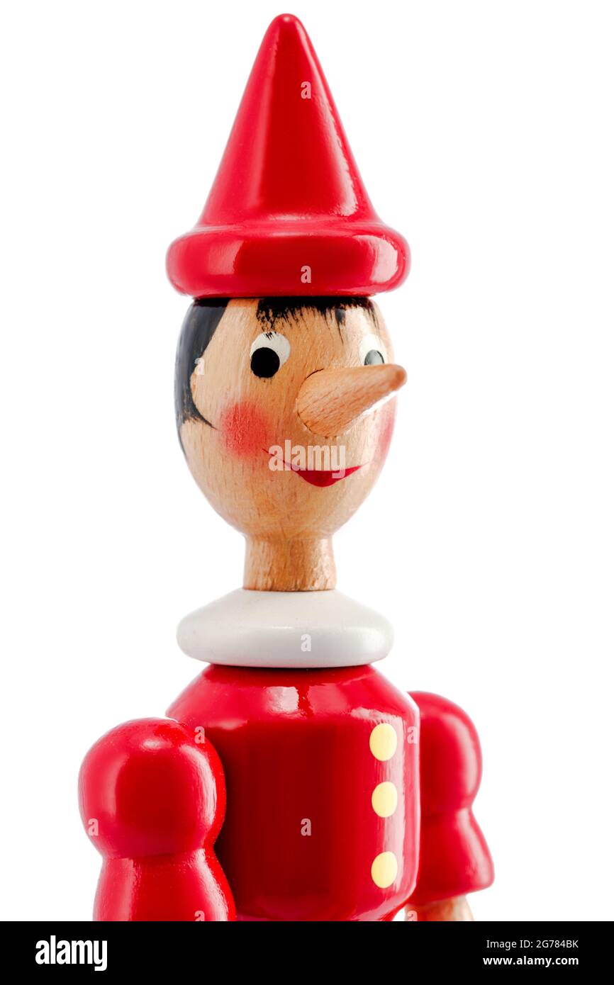 Pinocchio Toy statua isolata su sfondo bianco Foto Stock