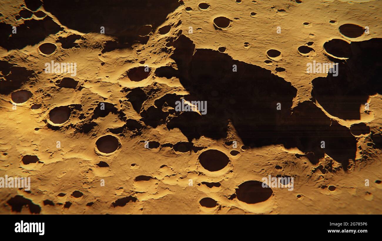 Paesaggio con crateri sul pianeta Marte, valle sul pianeta rosso Foto Stock
