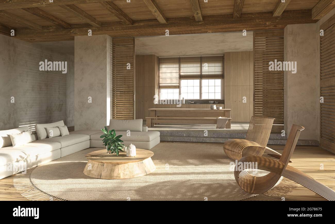 Casa colonica scandinava stile beige soggiorno interno con mobili in legno naturale 3d rendere illustrazione Foto Stock