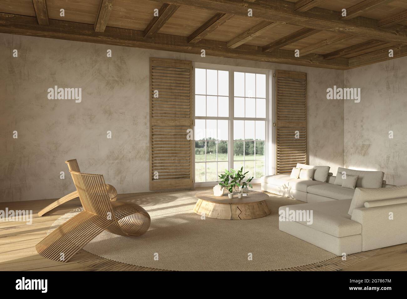 Stile casale scandinavo. Interno soggiorno beige con mobili in legno naturale 3D rappresentazione illustrazione. Foto Stock
