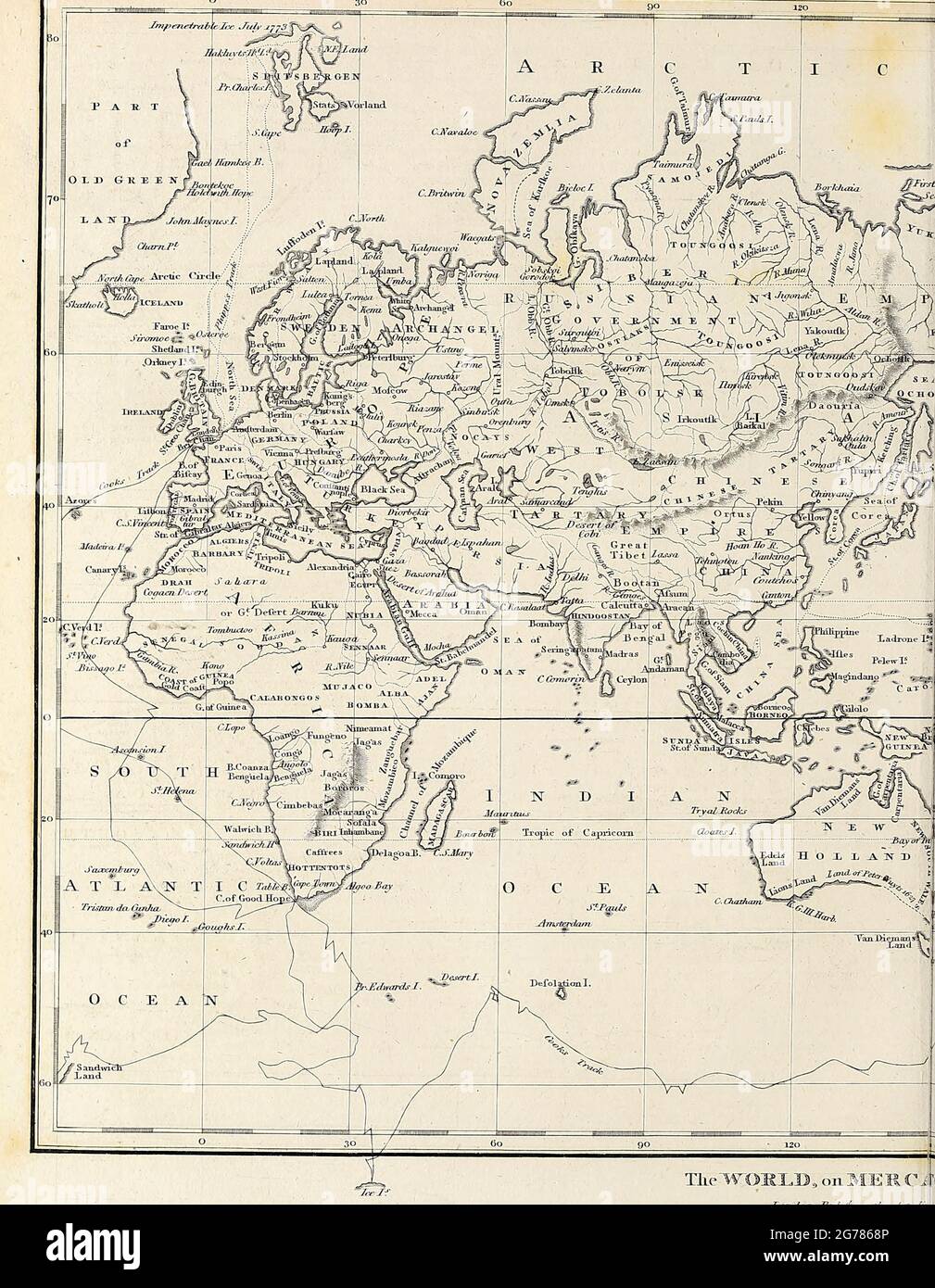The World on Mercator Projection (Emisfero Emisfero Vecchio mondo) incisione su copperplate dall'Enciclopedia Londinensis OR, dizionario universale di arti, scienze e letteratura; Volume VIII; a cura di Wilkes, Giovanni. Pubblicato a Londra nel 1810. Foto Stock