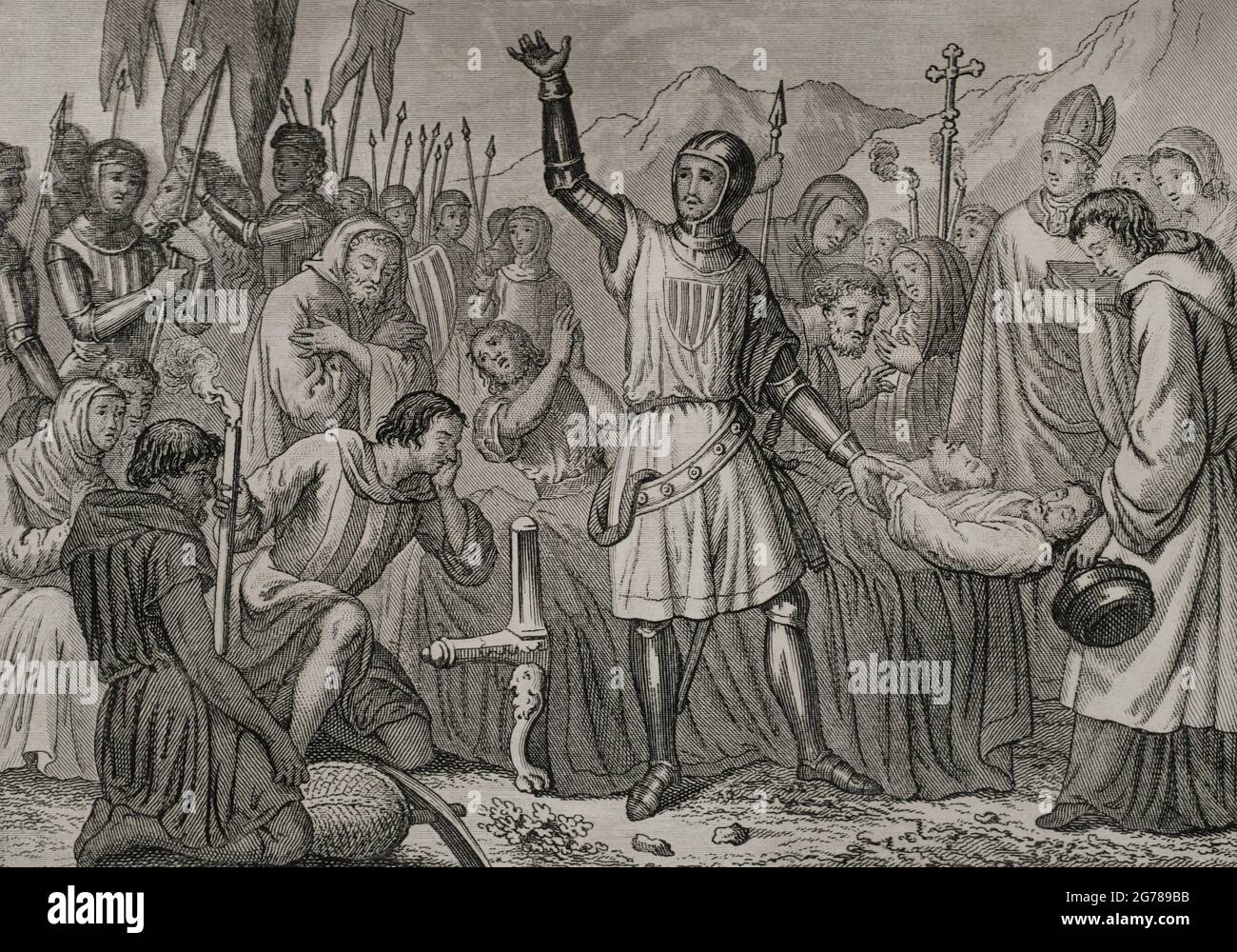 Storia della Corona d'Aragona. Regno di Giacomo i 'il Conquistatore'. Funerali di Guglielmo II di Bearne e Ramon Moncada (14 settembre 1229). La cerimonia di sepoltura si è svolta nella catena montuosa di Bendinat. Guillermo e Ramón de Moncada morirono il 12 settembre 1229, durante la conquista dell'isola di Maiorca (1229-1231). Incisione. Historia del Rey de Aragón Don Jaime i, el Conquistador (Storia del Re d'Aragona Giacomo i il Conquistatore). Pubblicato a Valencia, 1848. Foto Stock